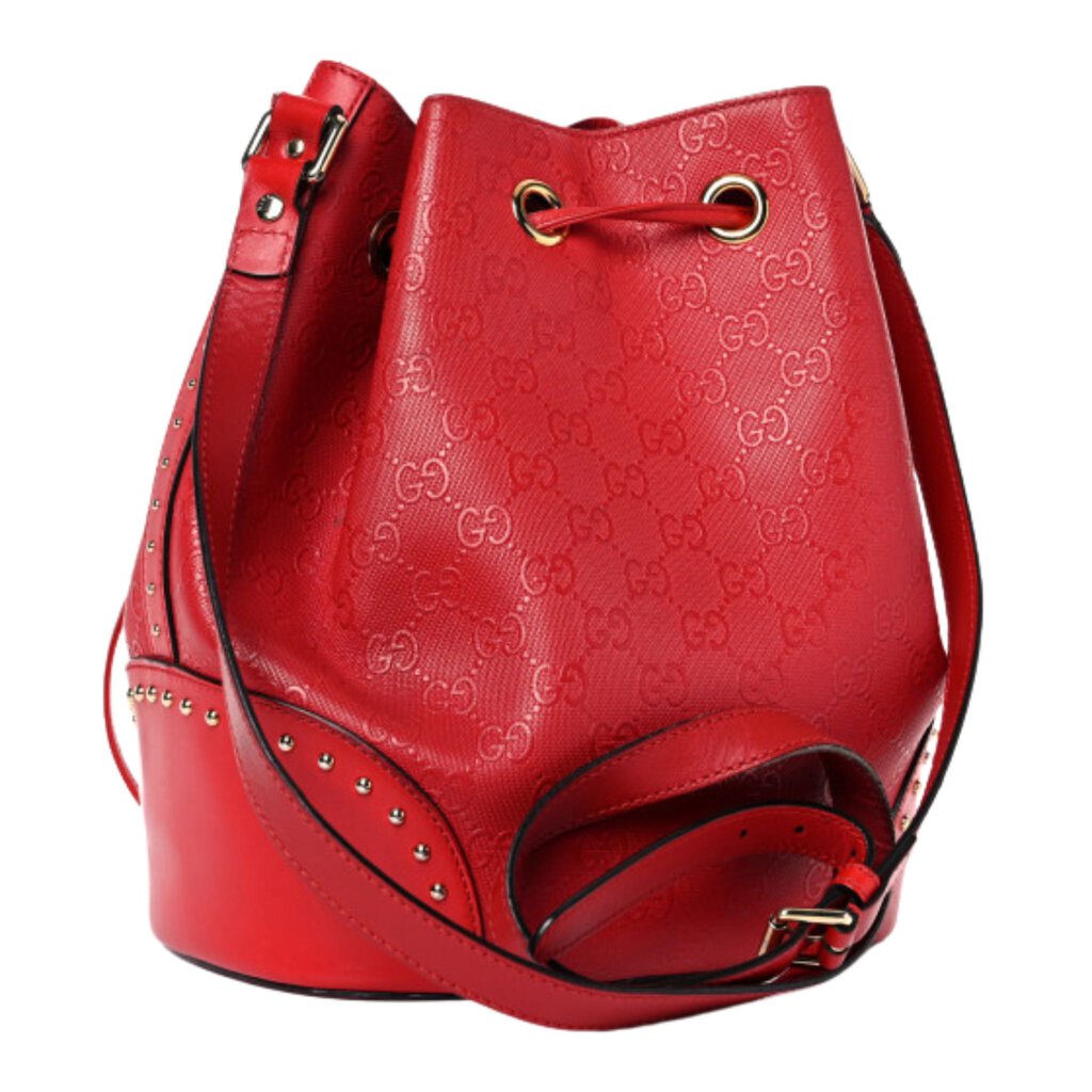 GUCCI RED STUDDED DIAMANTE BUCKET BAG