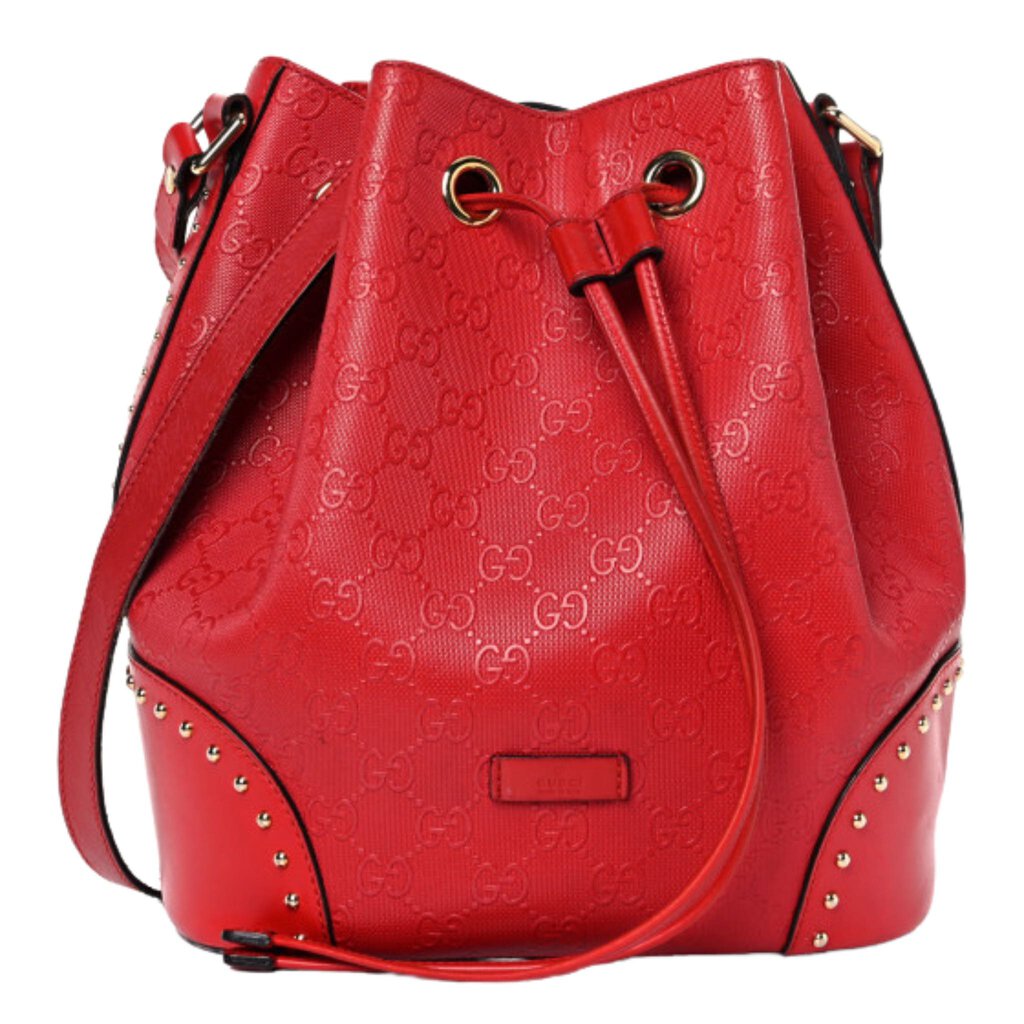 GUCCI RED STUDDED DIAMANTE BUCKET BAG